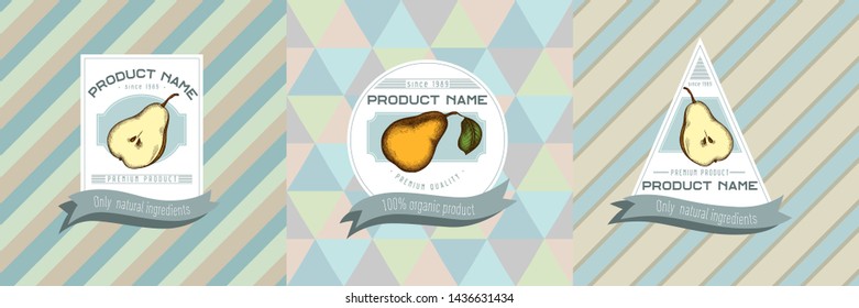 Three colored labels with illustration of pears
