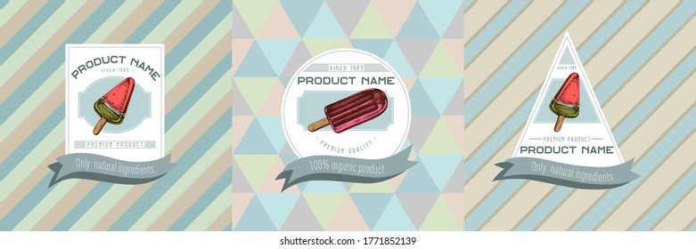 Three colored labels with illustration of popsicle ice cream