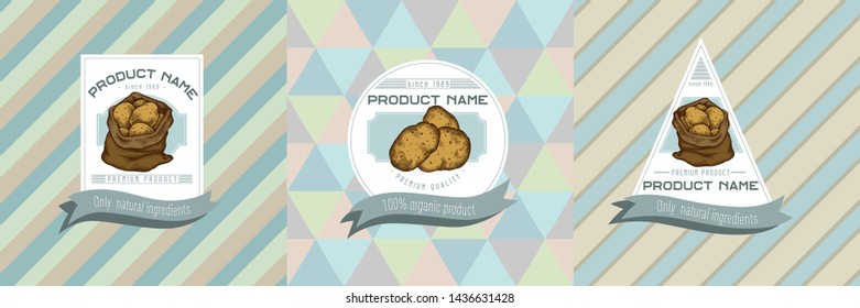 Three colored labels with illustration of potatoes