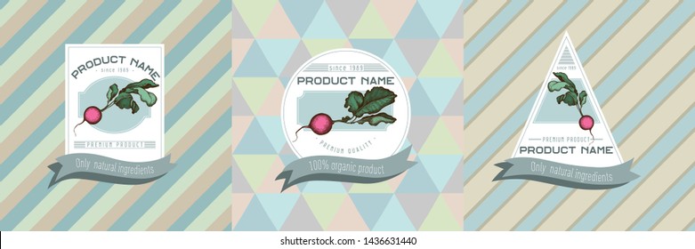 Three colored labels with illustration of radish
