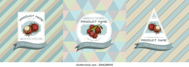 Three colored labels with illustration of rambutan