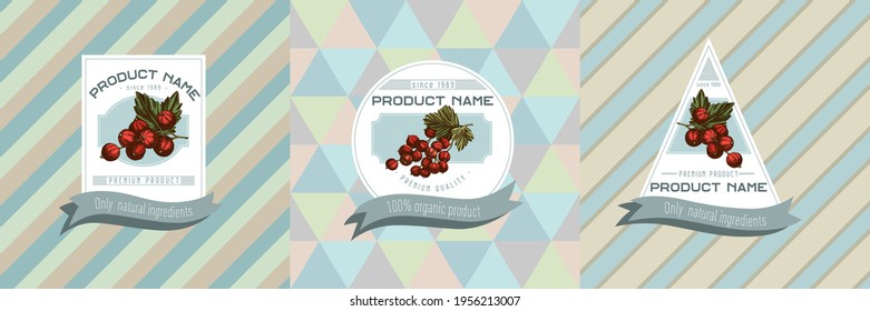 Three colored labels with illustration of red currant