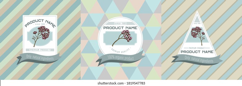 Three colored labels with illustration of rosemary everlasting