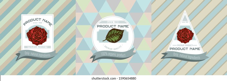 Three colored labels with illustration of roses
