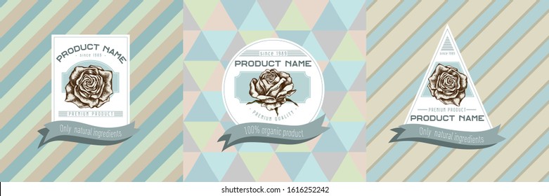 Three colored labels with illustration of roses