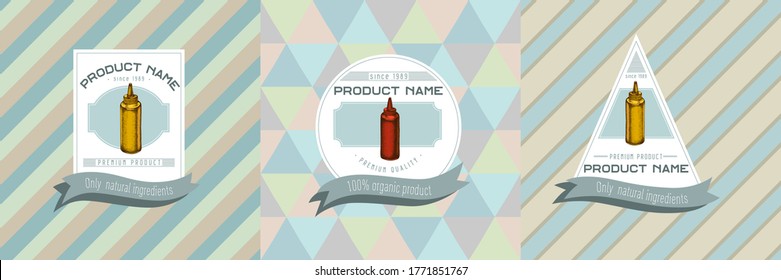 Tres etiquetas de colores con ilustración de botellas de salsa
