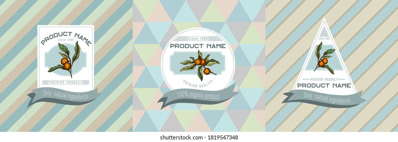 Three colored labels with illustration of solanum