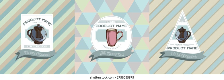 Tres etiquetas de color con ilustración de teteras, tazas