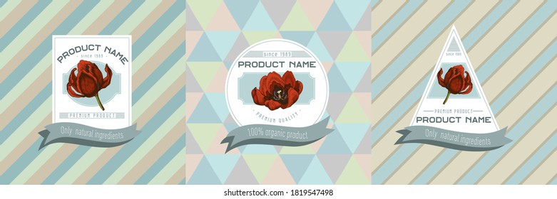 Three colored labels with illustration of tulip