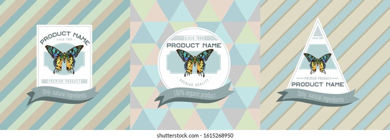 Three colored labels with illustration of urania rhipheus