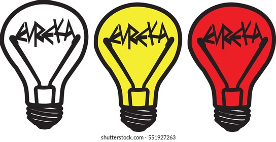 Three colored light bulbs Eureka! white, yellow   and red  on white background, isolated, vector