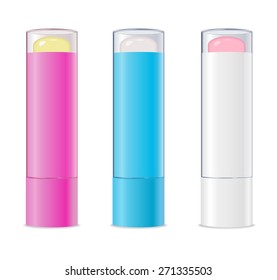 Three colored lip balms isolated on white. Vector