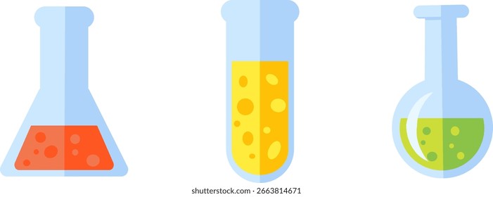 conceito visual simples para ciência e química, mostrando três líquidos coloridos em vidro de laboratório. O líquido vermelho significa um efeito potente, o amarelo um moderado, e o verde um resultado seguro