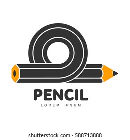 Three colored logo template with horizontal pencil wound into a loop, spiral, vector illustration isolated on white background. Graphic logotype, logo design with horizontal pencil forming a loop