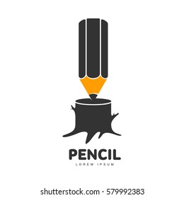 Three colored logo template with pencil standing point down on a tree trunk, vector illustration isolated on white background. Graphic logotype, logo design with vertical pencil on tree trunk, stub
