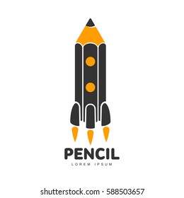 Three colored logo template with pencil as rocket going up to space, vector illustration isolated on white background. Graphic logotype, logo design with vertical pencil as a space rocket