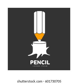 Three colored logo template with pencil standing point down on a tree trunk, vector illustration isolated on black background. 