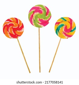 Three colored lollipop candy on stick isolated on white background. Realistic hand drawn watercolor illustration. Hand painted vector Clip art. Template.