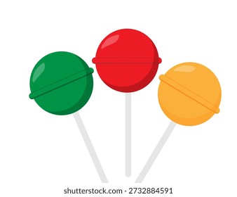 tres piruletas de colores sobre un fondo blanco,
