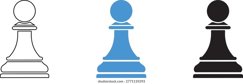 Three colored pawn chess pieces in white blue and black isolated on transparent background