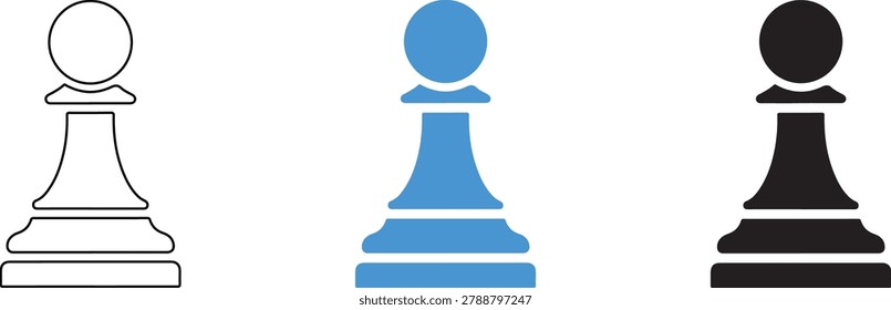 Three colored pawn chess pieces in white blue and black on white background