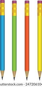 Three colored pencils in blue, yellow, and red rest side-by-side on a white background.