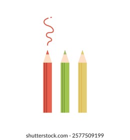 Three colored pencils standing in red, green, and yellow, ideal for educational materials, school supplies, or creative artwork projects