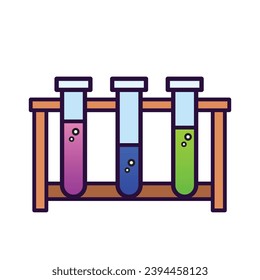 Three colored pink, green, and blue test tubes in wooden container with science theme vector icon illustration outlined isolated on square white background. Simple flat cartoon art styled drawing.