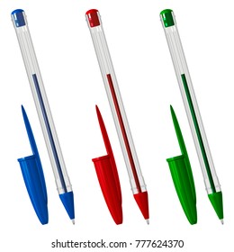Three colored plastic ballpoint pens with caps, in a transparent hexagonal case, on a white background
