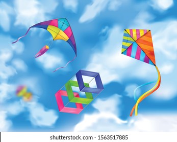 Three colored and realistic kite sky composition flying in the cloudy sky vector illustration