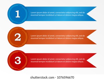 Three colored ribbons with numbers. Infographic elements, ribbons with text. Vector stripes with numbering.