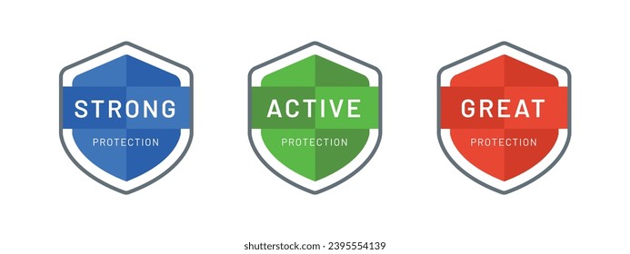 Three colored shields, protection symbol. Active, strong and great protection.