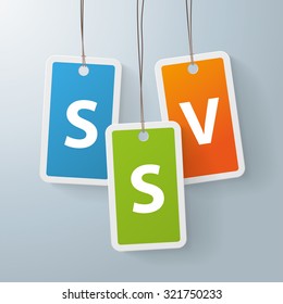 Three colored shopping marks with german text "SSV", translate "summer sale". Eps 10 vector file.