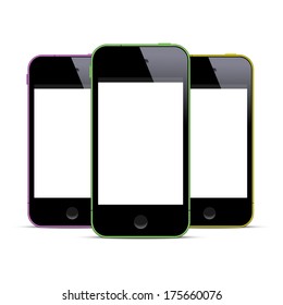 Three colored smartphones with blank screens. Vector EPS10