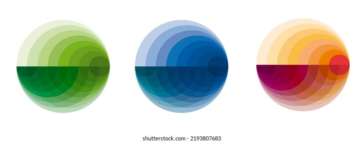 Three Colored Spheres In Green, Blue And Orange. Transparent Balls With Other Circles Inside. Set Of Vector Illustration