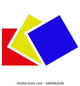 Three colored squares at different angles to each other.