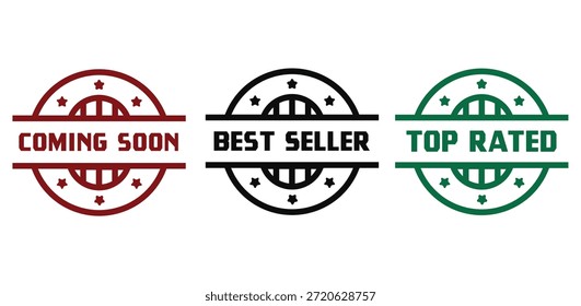 Three colored stamps with text coming soon best seller and top rated on a white background