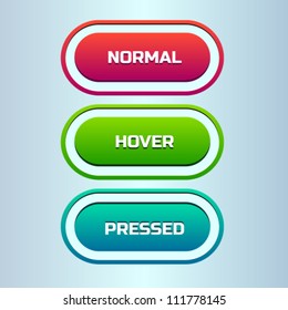 Three colored status of stylish web buttons: normal, hover, pressed
