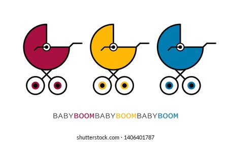 Three colored strollers are in a row .Vector illustration. Boom kids! Happy Birthday! Happy Newborn!