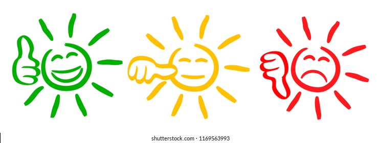 Three colored sun with valuation thumbs, set emotion, cartoon emoticons sun - vector