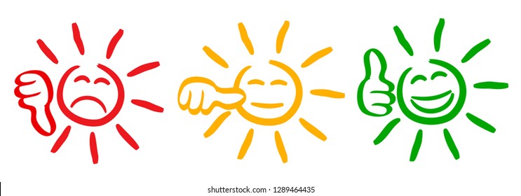 Three colored sun with valuation thumbs, set emotion, cartoon emoticons sun - for stock