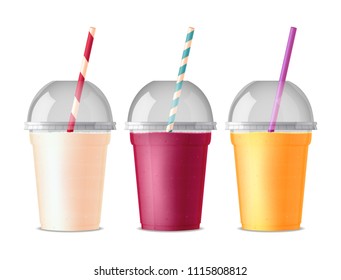 Three colored takeout fast food plastic glasses for drink juice cola tea or smoothie with pipe and transparent cover isolated vector illustration