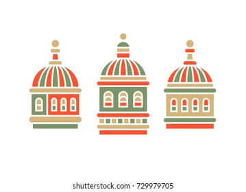 Three colored towers. Parts of city, town. Flat style. Vector graphic illustration. Isolated. Green, oranje and beige colors