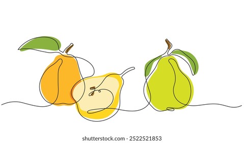 Three colored vector pears with leaves in one line technique