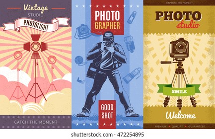 Three Colored Vintage Photographer Poster Set With Vintage Studio Photolight Catch The Moment Photostudio Smile Descriptions Vector Illustration