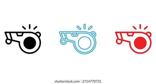 Three colored whistles in black, blue and red on white background