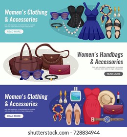 Three colored women accessories horizontal banner set with different types of cloth and accessories and read more buttons vector illustration