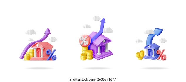 Three colorful 3d bank or finance buildings with gold coins, up arrows, and percentage signs, reflecting rising interest rate return.