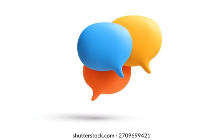 Three colorful 3d chat bubbles in blue yellow and orange floating on white background symbol of communication dialog and social media messaging. Vector illustration