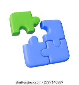 Three colorful 3D puzzle pieces connect on a white background. Create a playful and engaging visual with vibrant blue and green colors. Ideal for teamwork concepts.